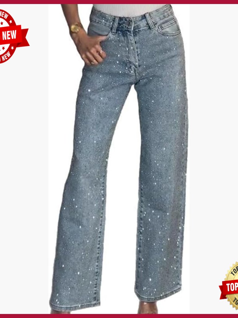 High Waisted Straight Leg Jeans With Rhinestone Pearl Embellishments